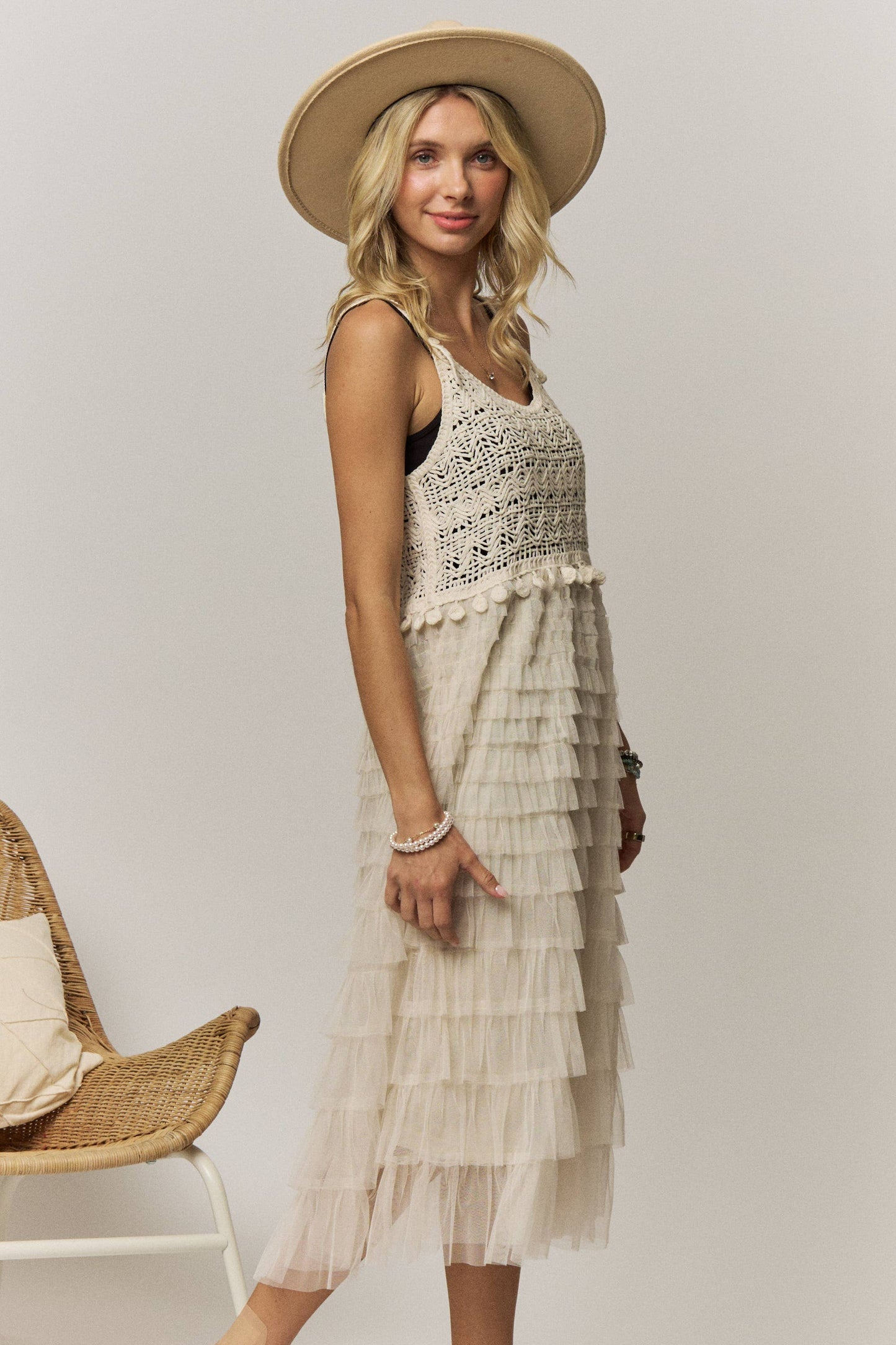 CROCHET TIERED TULLE DRESS