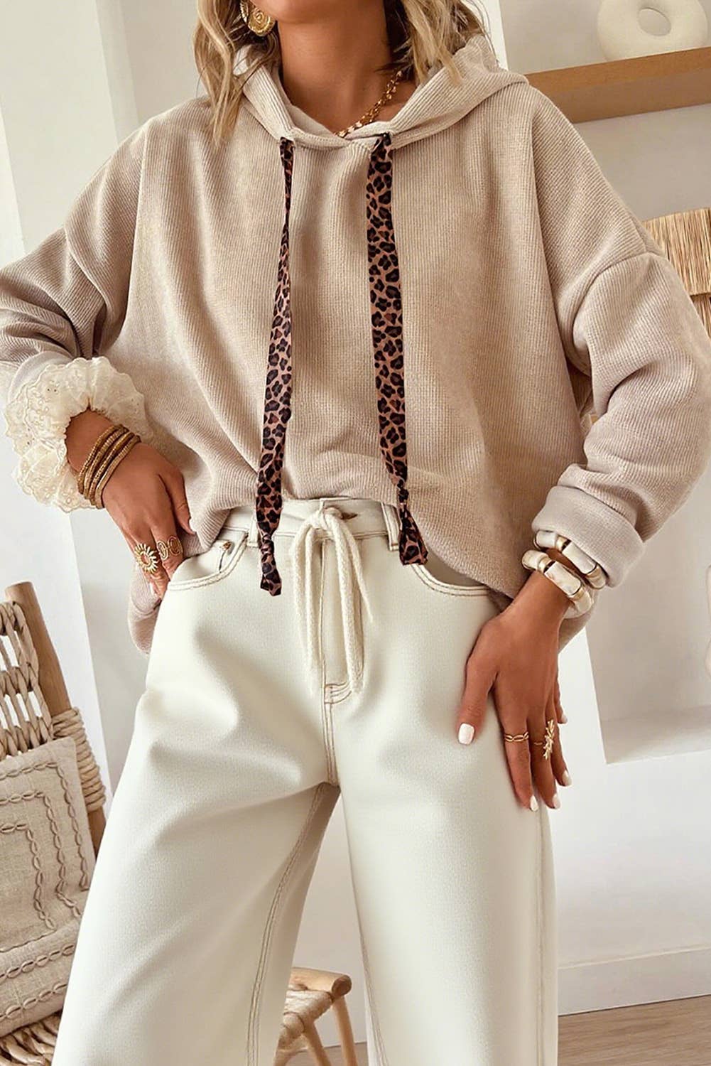 Thermal Textured Lace/Leopard Drawstring Baggy Hoodie