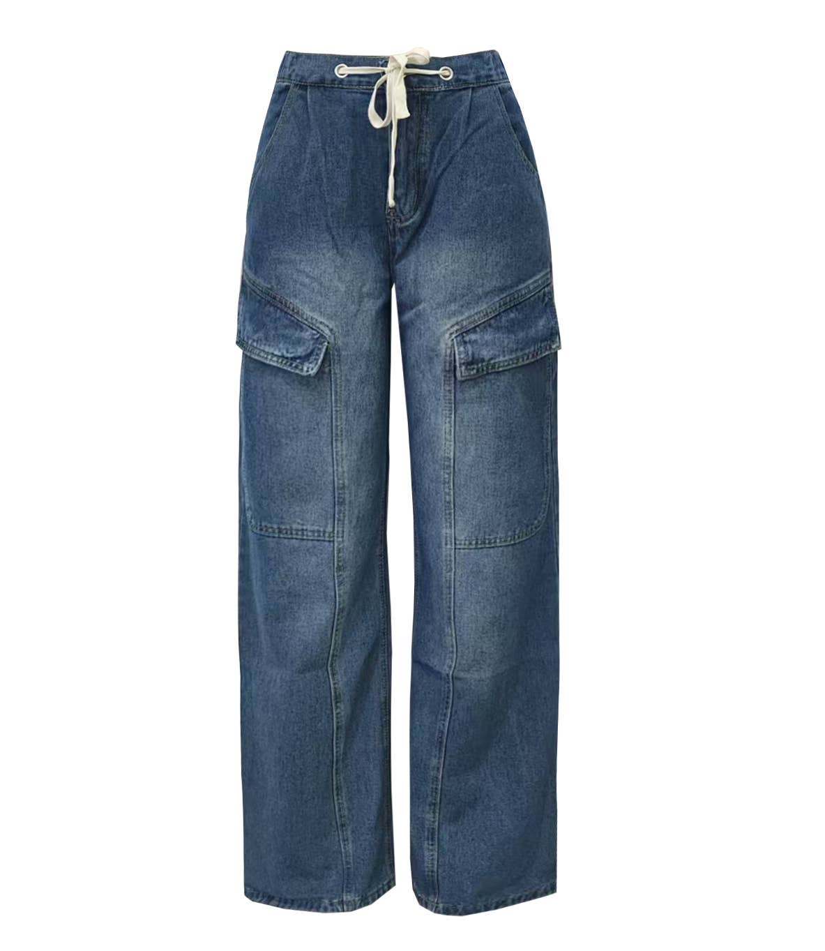 Casual High Waisted Drawstring Baggy Cargo Jeans