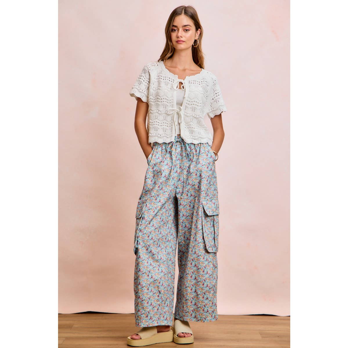 FRONT BOW TIE DETAIL POINTELLE KNIT TOP