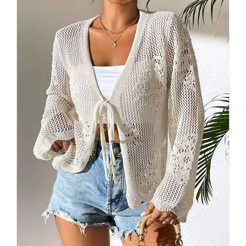 Floral Pattern Lace-Up Crochet Knit Beach Cover Top