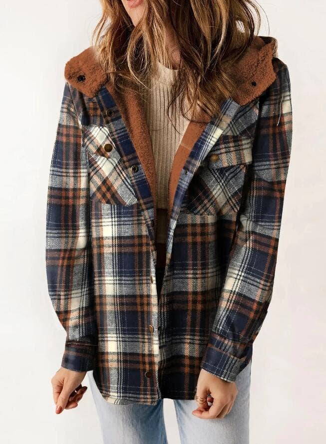 Western buttons hoodie plaid fleece lined shacket coat