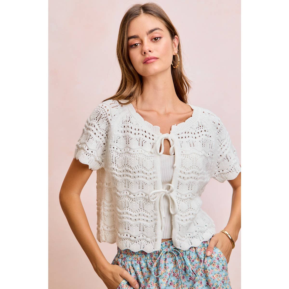 FRONT BOW TIE DETAIL POINTELLE KNIT TOP
