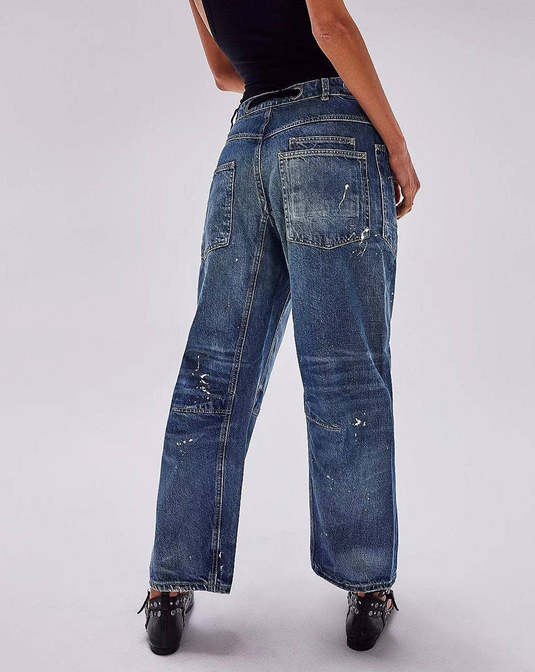 Western chic drawstring patchwork wide-leg jeans