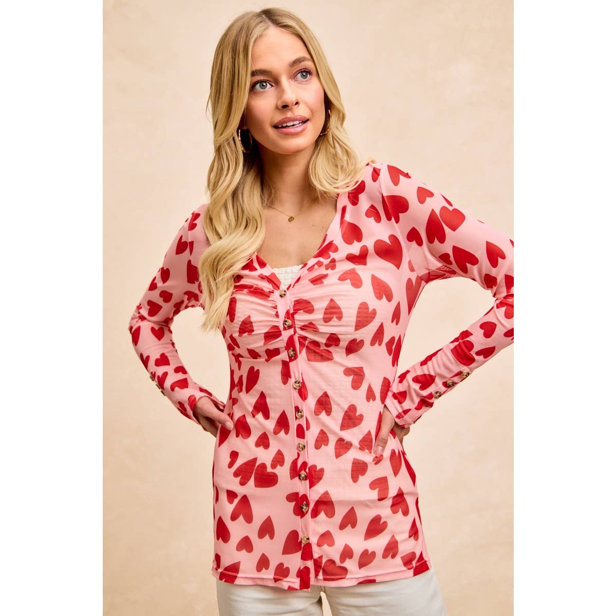 HEART PRINTED MESH TOP WITH BUTTON UP V NECK