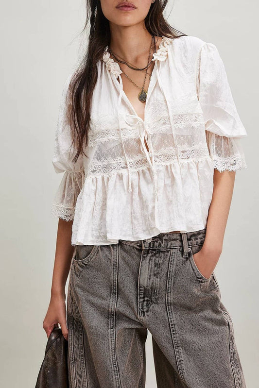 Boho vintage Victoria ancient ways tie front lace blouse