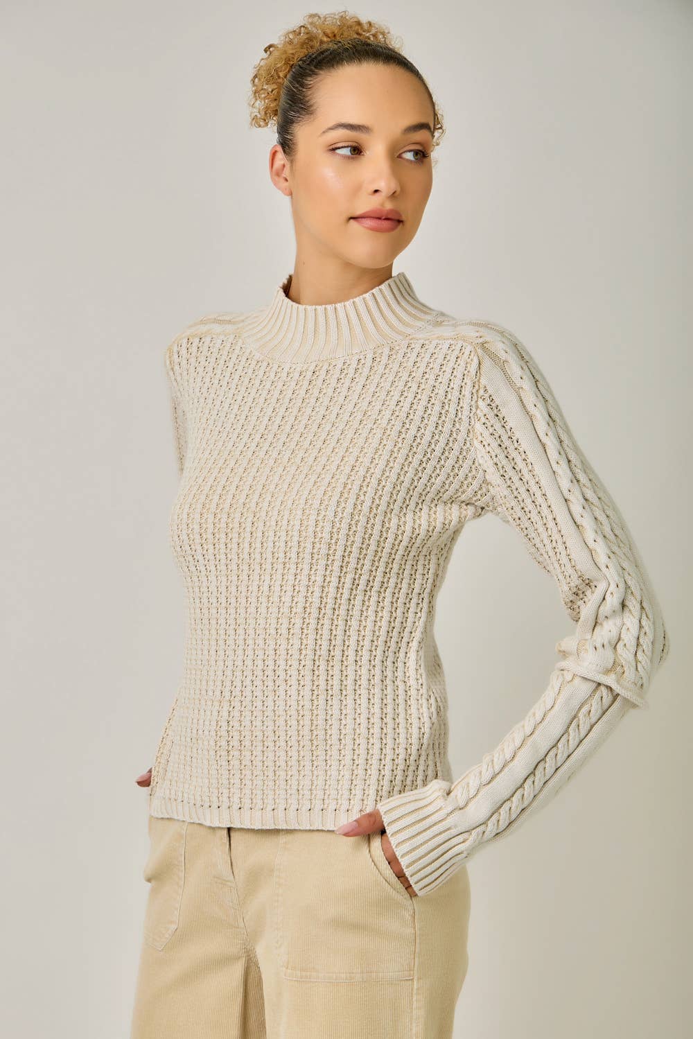 Washed Cable Mock Neck Sweater